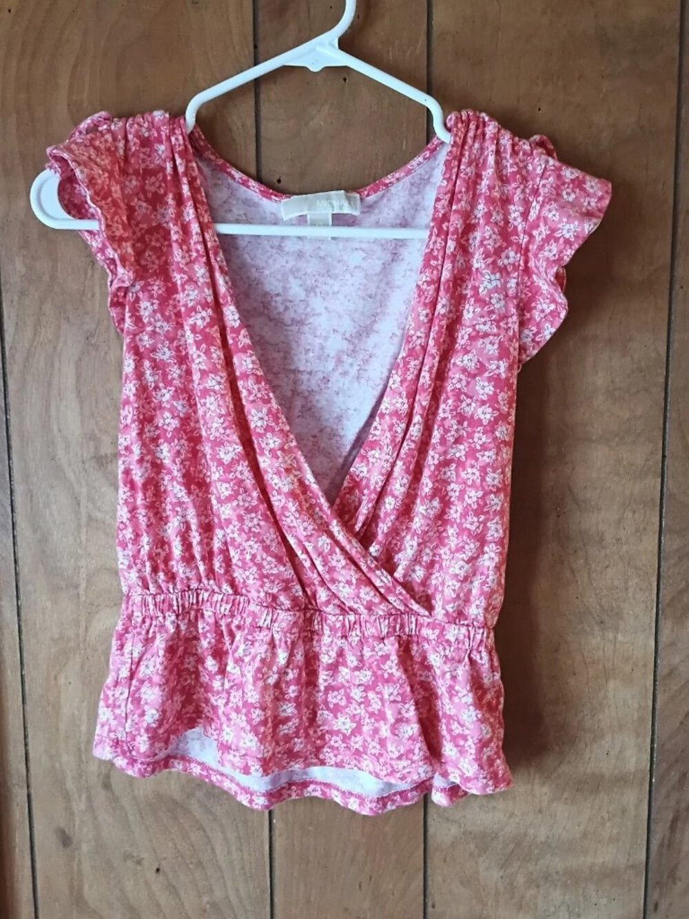 Michael Kors Floral Wrap Peplum Top XS Pink White Cotton Modal Flutter Sleeve